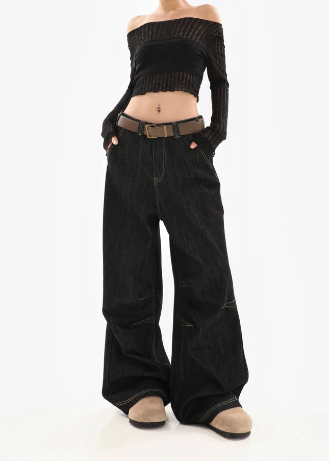 Black Retro Wash Loose Fit Wide-Leg Jeans - Women’s Jeans