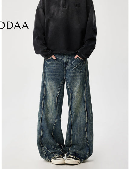 Black Retro Washed Lightning Pattern Wide Leg Jeans - Dark Blue / XS - Men’s Jeans