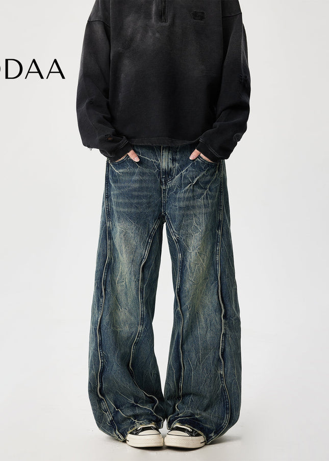 Black Retro Washed Lightning Pattern Wide Leg Jeans - Dark Blue / XS - Men’s Jeans