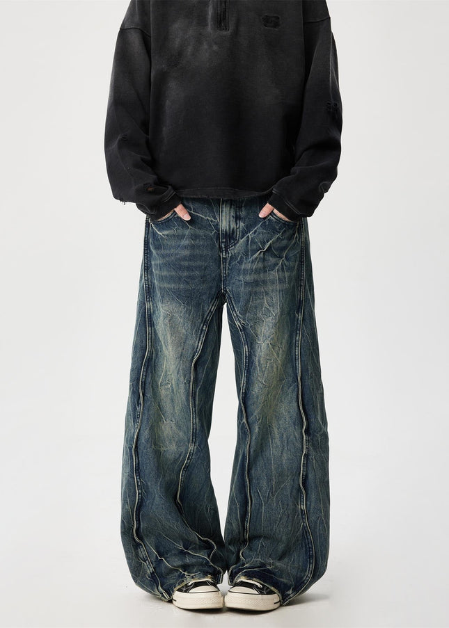 Black Retro Washed Lightning Pattern Wide Leg Jeans - Men’s Jeans