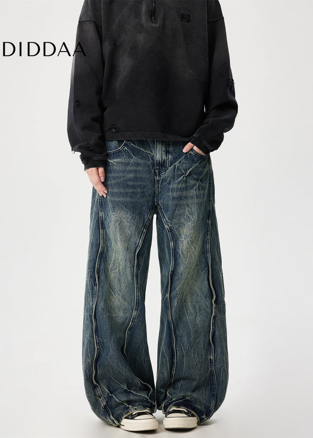 Black Retro Washed Lightning Pattern Wide Leg Jeans - Men’s Jeans