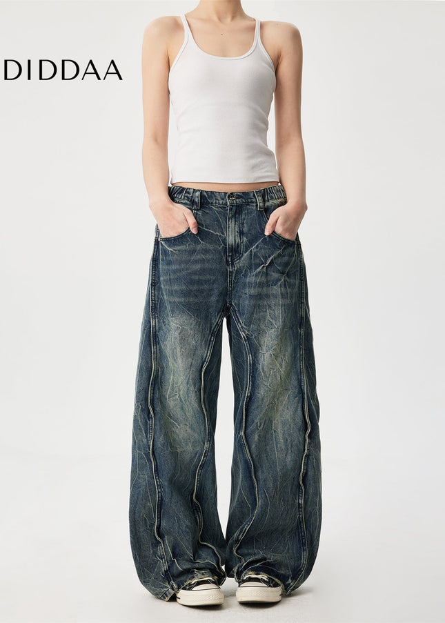 Black Retro Washed Lightning Pattern Wide Leg Jeans - Men’s Jeans