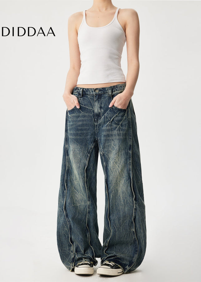 Black Retro Washed Lightning Pattern Wide Leg Jeans - Men’s Jeans