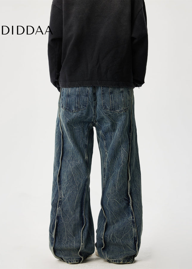 Black Retro Washed Lightning Pattern Wide Leg Jeans - Men’s Jeans