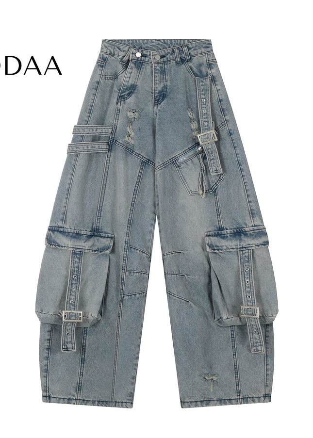 Black Ripped Multi-Pocket Wide-Leg Cargo Pants - S / Blue - Women’s Jeans