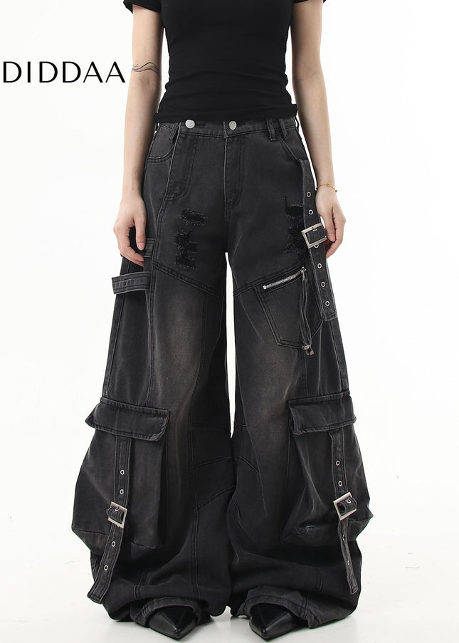 Black Ripped Multi-Pocket Wide-Leg Cargo Pants - Women’s Jeans