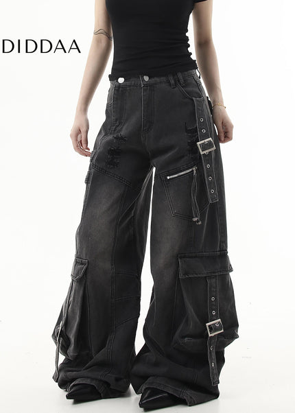 Black Ripped Multi-Pocket Wide-Leg Cargo Pants - Women’s Jeans