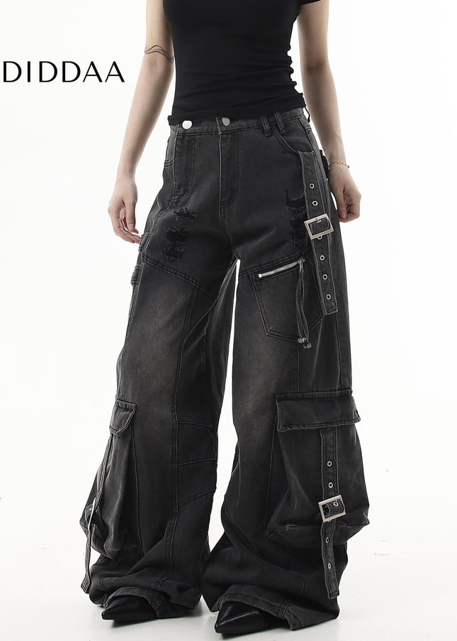 Black Ripped Multi-Pocket Wide-Leg Cargo Pants - Women’s Jeans
