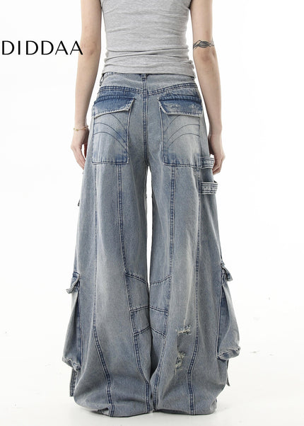 Black Ripped Multi-Pocket Wide-Leg Cargo Pants - Women’s Jeans