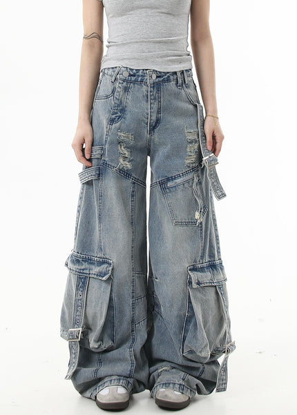 Black Ripped Multi-Pocket Wide-Leg Cargo Pants - Women’s Jeans