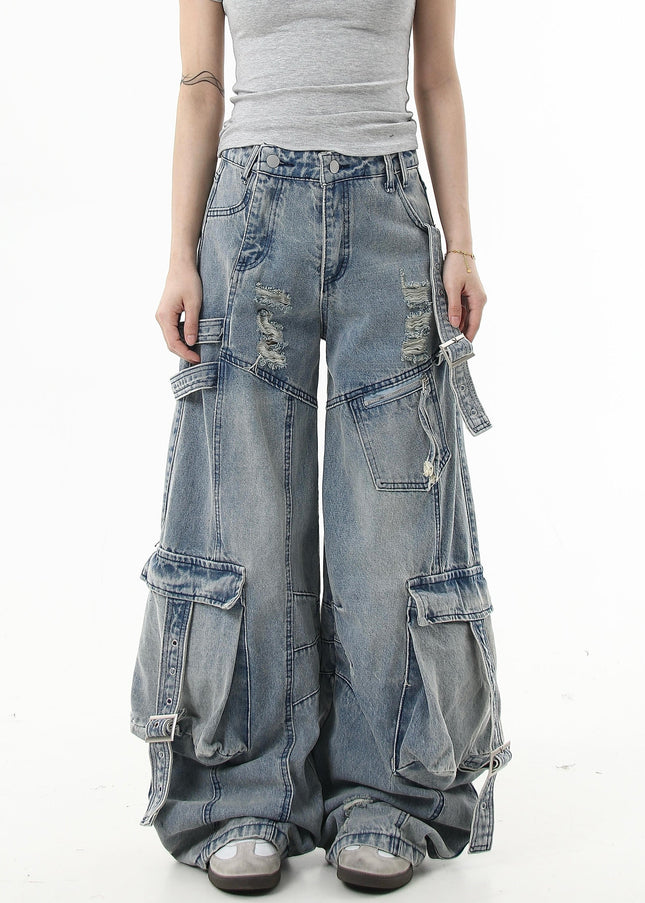 Black Ripped Multi-Pocket Wide-Leg Cargo Pants - Women’s Jeans