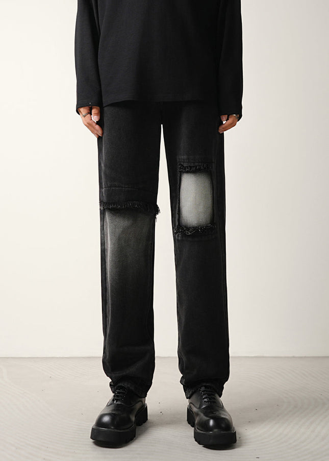 Black Ripped Patch Loose Straight Jeans for Men - 28 / Black - Men’s Jeans