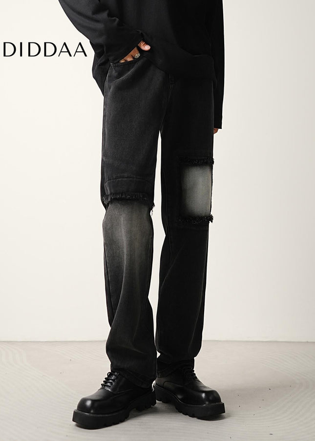 Black Ripped Patch Loose Straight Jeans for Men - Men’s Jeans