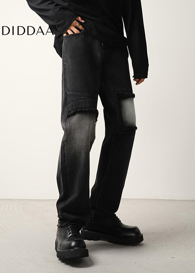 Black Ripped Patch Loose Straight Jeans for Men - Men’s Jeans