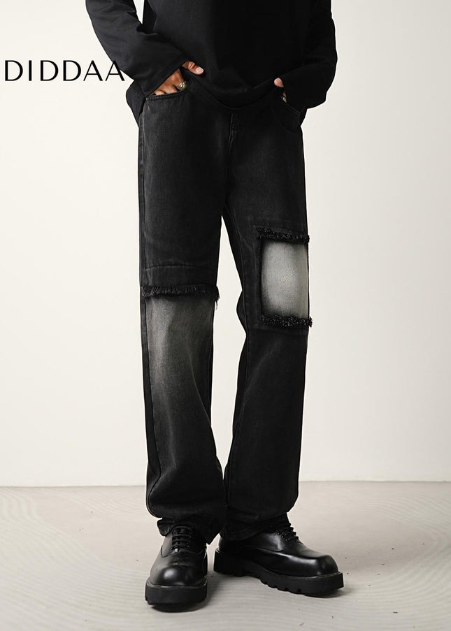 Black Ripped Patch Loose Straight Jeans for Men - Men’s Jeans