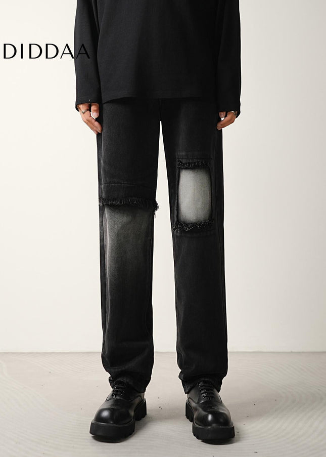 Black Ripped Patch Loose Straight Jeans for Men - Men’s Jeans