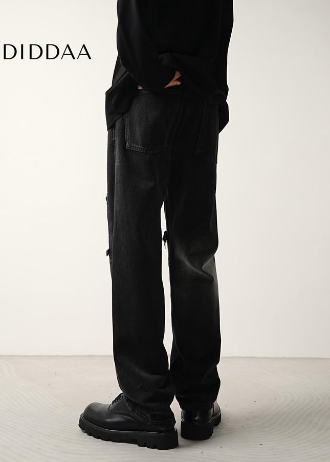 Black Ripped Patch Loose Straight Jeans for Men - Men’s Jeans
