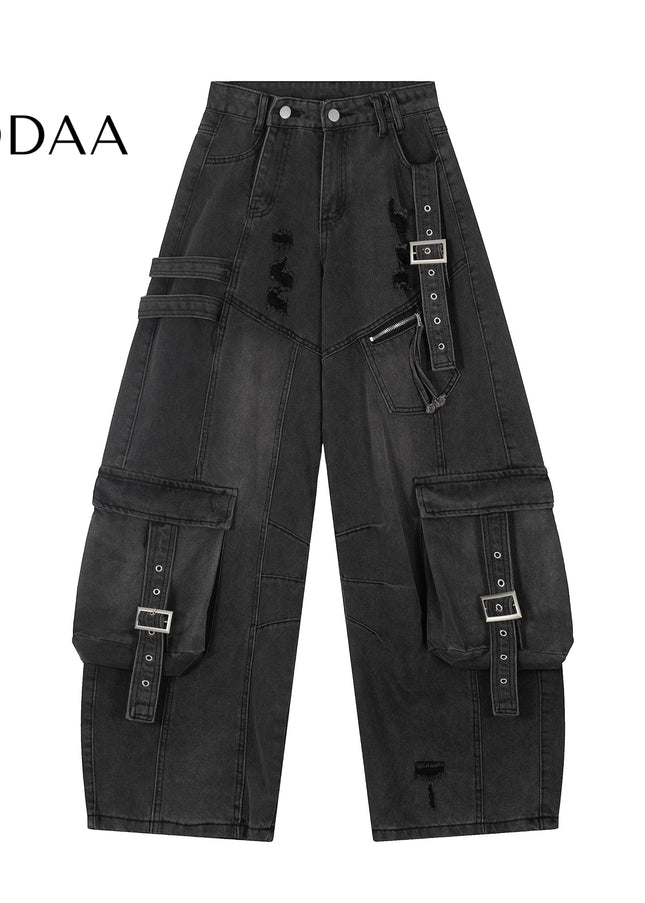 Black Ripped Multi-Pocket Wide-Leg Cargo Pants - S / Black - Women’s Jeans