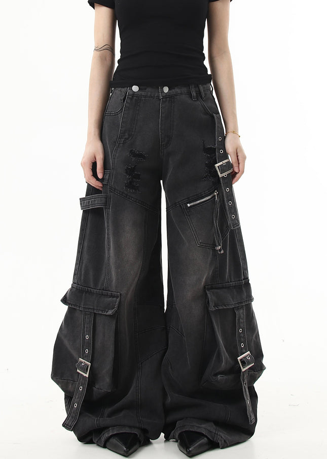 Black Ripped Scimitar Wide-Leg Multi-Pocket Cargo Pants - Women’s Jeans