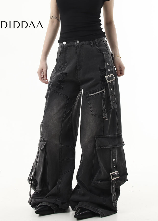 Black Ripped Scimitar Wide-Leg Multi-Pocket Cargo Pants - Women’s Jeans