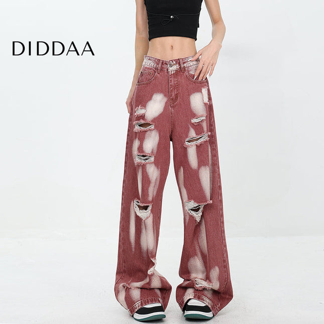 Black Ripped Wide-Leg Jeans for Women KEN STUDIO Summer - S / Red - Women’s Jeans