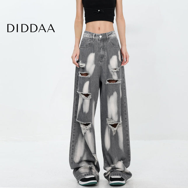 Black Ripped Wide-Leg Jeans for Women KEN STUDIO Summer - S / Black - Women’s Jeans