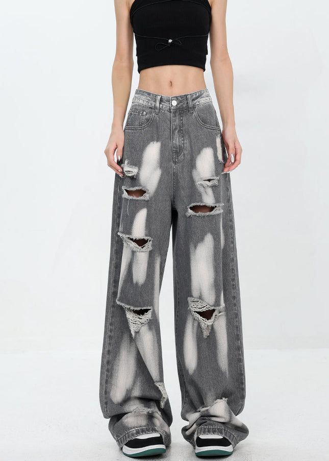 Black Ripped Wide-Leg Jeans for Women KEN STUDIO Summer - Women’s Jeans