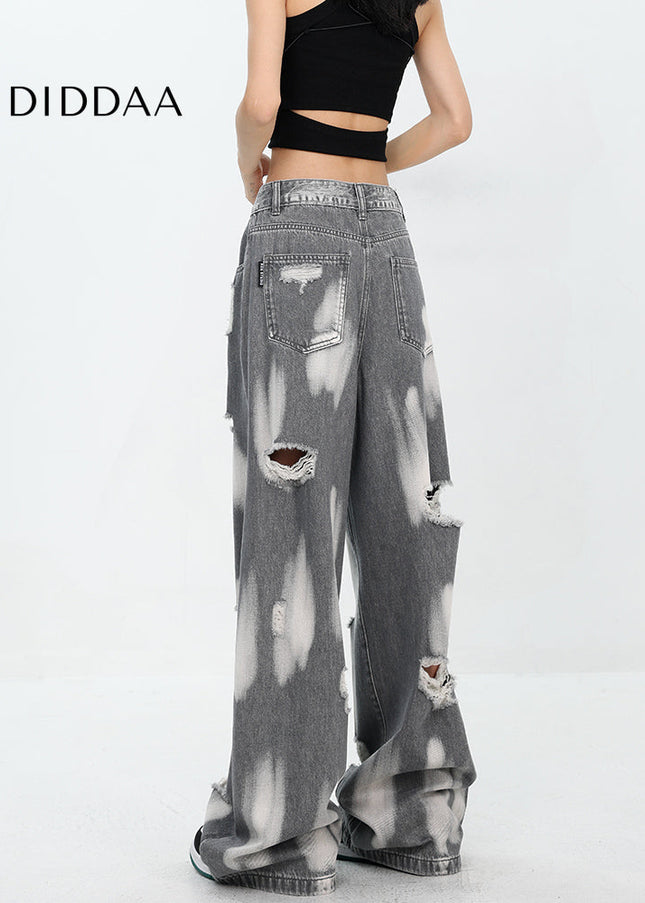 Black Ripped Wide-Leg Jeans for Women KEN STUDIO Summer - Women’s Jeans