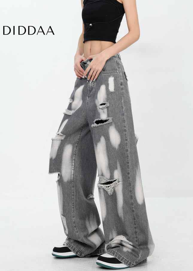 Black Ripped Wide-Leg Jeans for Women KEN STUDIO Summer - Women’s Jeans