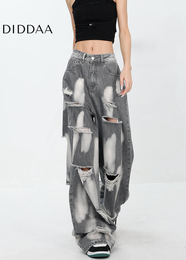 Black Ripped Wide-Leg Jeans for Women KEN STUDIO Summer - Women’s Jeans