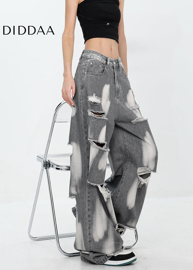 Black Ripped Wide-Leg Jeans for Women KEN STUDIO Summer - Women’s Jeans