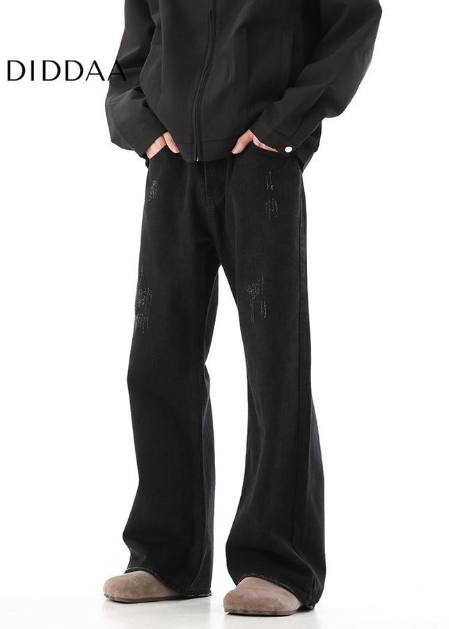 Black Scratched Cargo Pants with Slight Flare - Men’s Jeans