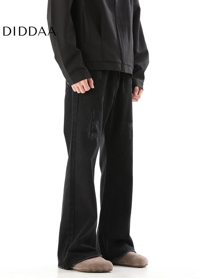 Black Scratched Cargo Pants with Slight Flare - Men’s Jeans