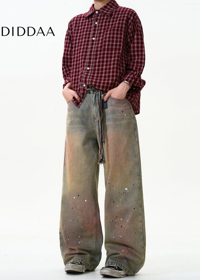 Black Splashed Ink Wide-Leg Dirty Jeans for Men and Women - Men’s Jeans