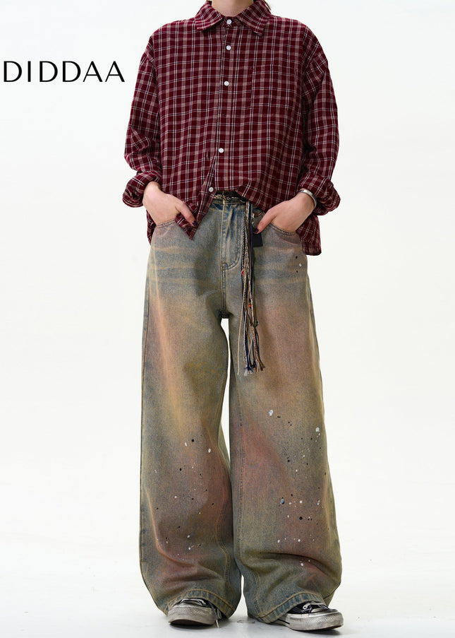 Black Splashed Ink Wide-Leg Dirty Jeans for Men and Women - Men’s Jeans