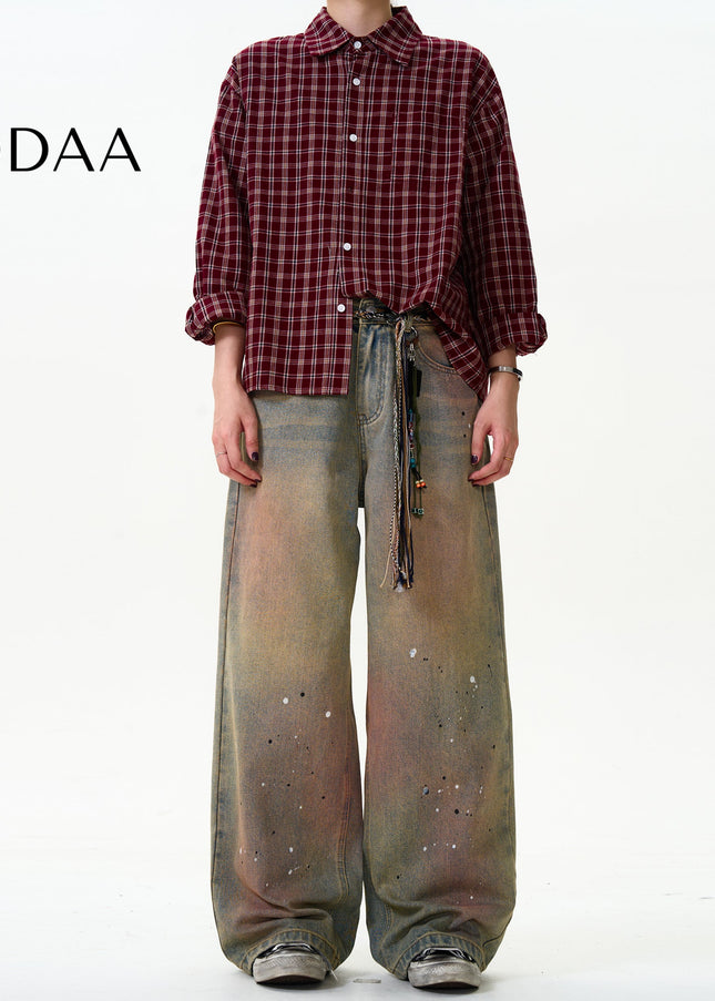 Black Splashed Ink Wide-Leg Dirty Jeans for Men and Women - S / Vintage Blue - Men’s Jeans