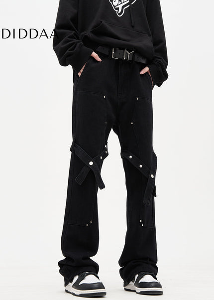 Black Strappy Bootcut Cargo Pants for Men - Men’s Jeans