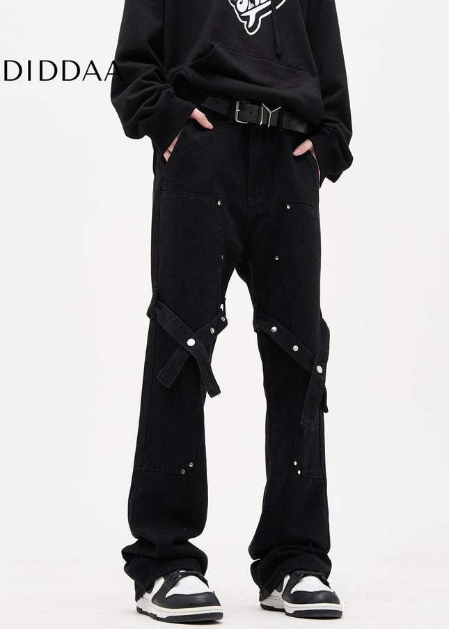Black Strappy Bootcut Cargo Pants for Men - Men’s Jeans