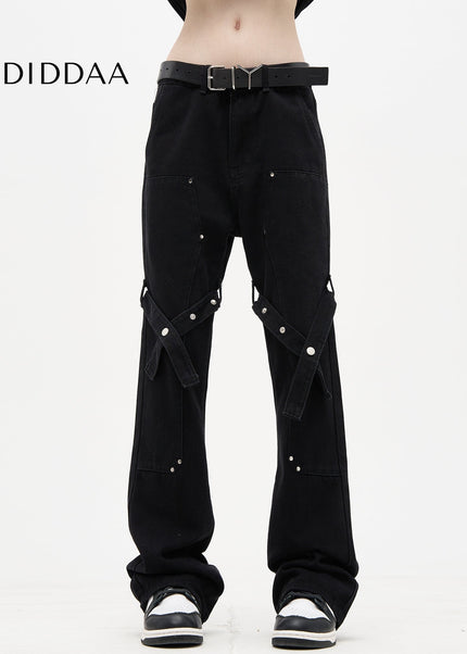 Black Strappy Bootcut Cargo Pants for Men - Men’s Jeans