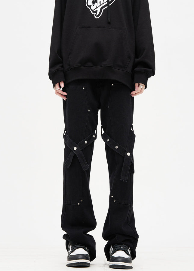Black Strappy Bootcut Cargo Pants for Men - Men’s Jeans