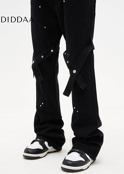 Black Strappy Bootcut Cargo Pants for Men - Men’s Jeans