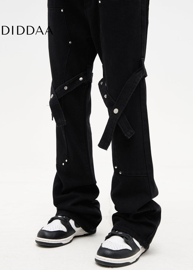 Black Strappy Bootcut Cargo Pants for Men - Men’s Jeans