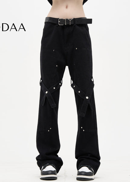 Black Strappy Bootcut Cargo Pants for Men - S / Black - Men’s Jeans