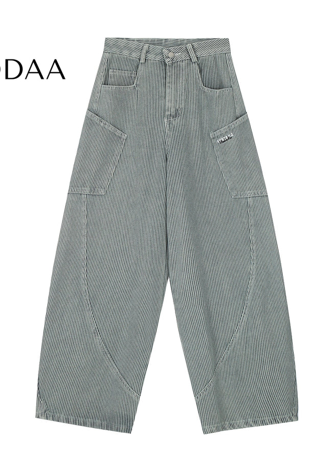 Black Striped Loose Wide-Leg Cargo Pants with Pockets - S / Blue - Women’s Jeans