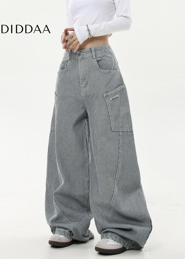Black Striped Loose Wide-Leg Cargo Pants with Pockets - Women’s Jeans