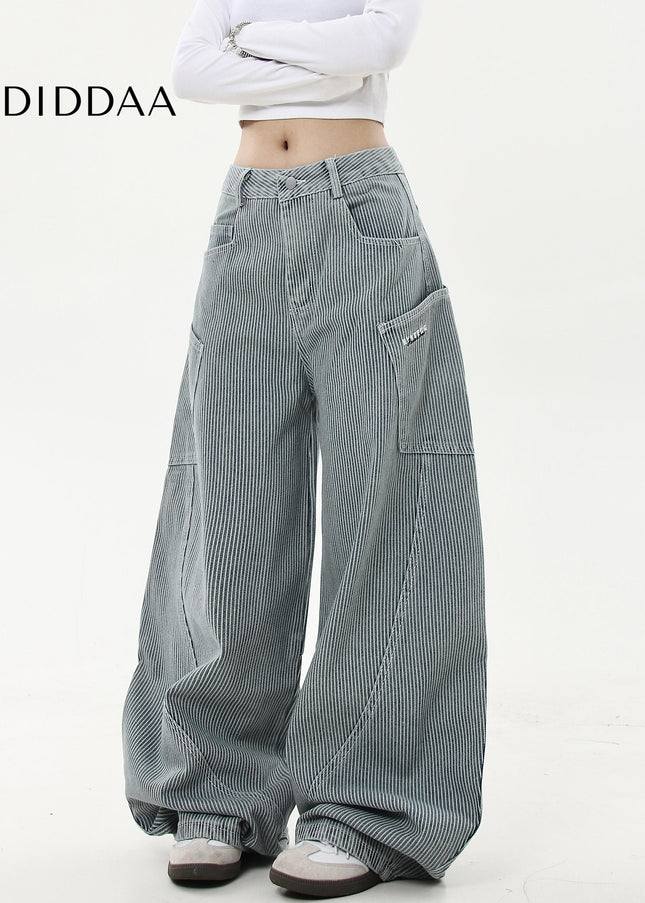 Black Striped Loose Wide-Leg Cargo Pants with Pockets - Women’s Jeans