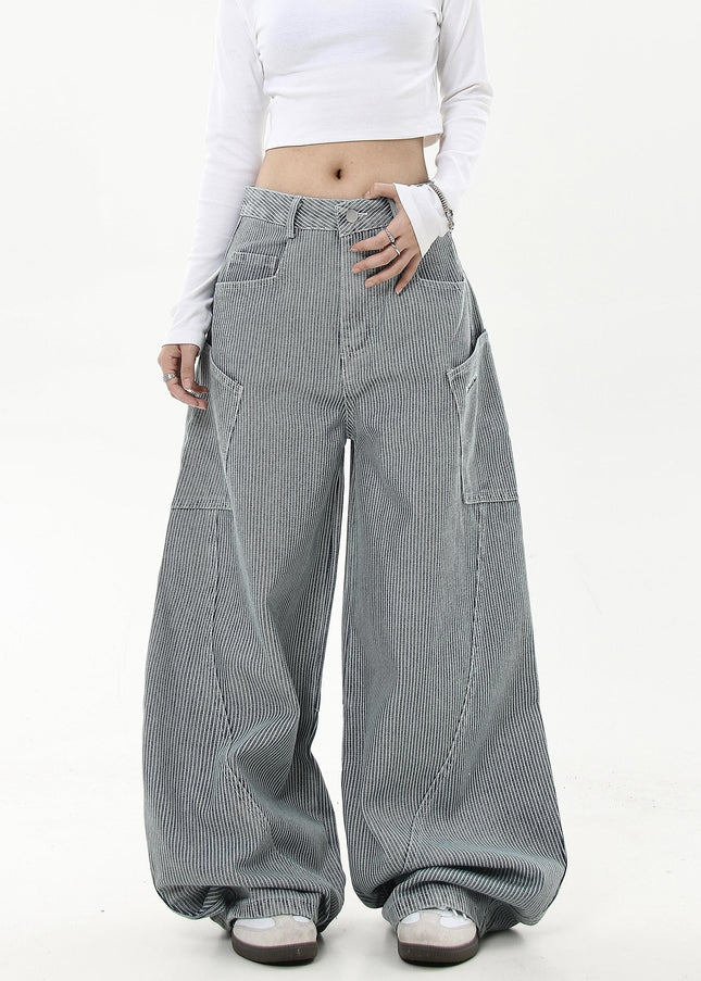 Black Striped Loose Wide-Leg Cargo Pants with Pockets - Women’s Jeans