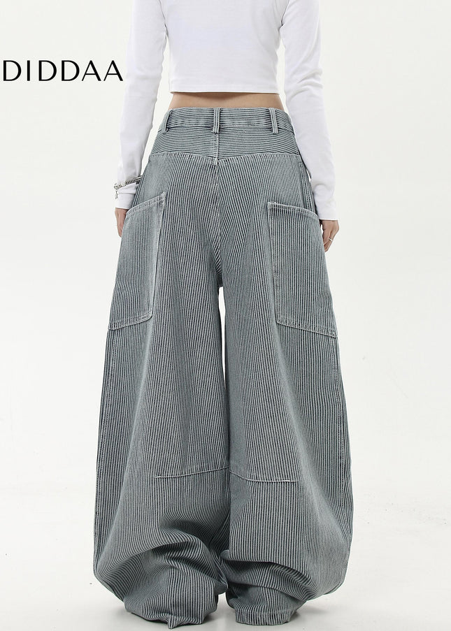 Black Striped Loose Wide-Leg Cargo Pants with Pockets - Women’s Jeans