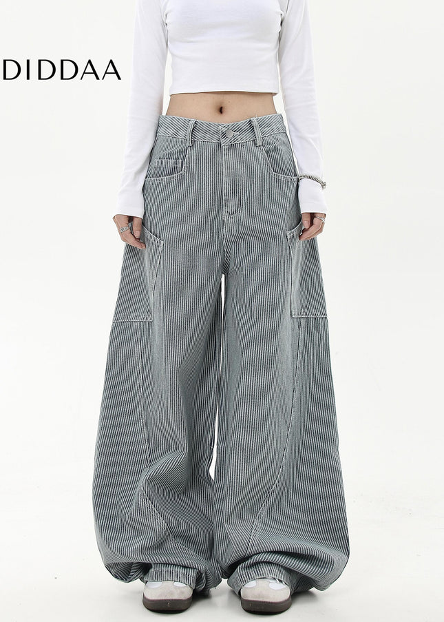 Black Striped Loose Wide-Leg Cargo Pants with Pockets - Women’s Jeans