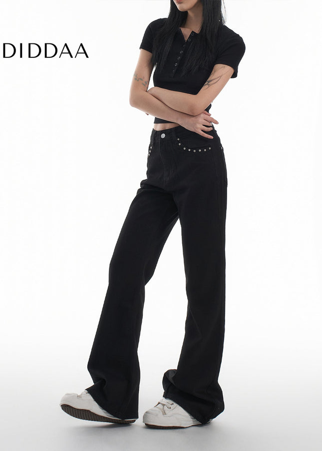 Black Studded Loose Flared Jeans - AGUA Women’s Retro Style - Women’s Jeans